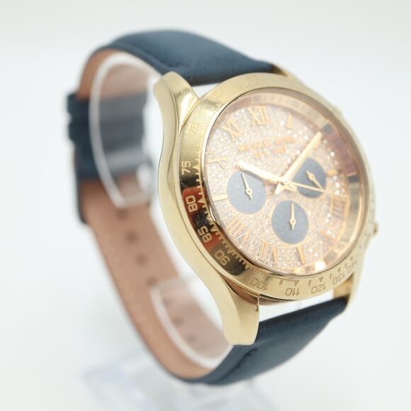 Michael Kors Layton Glitz Gold Black Chronograph 44mm Watch Blue Leather Strap - Picture 9 of 15